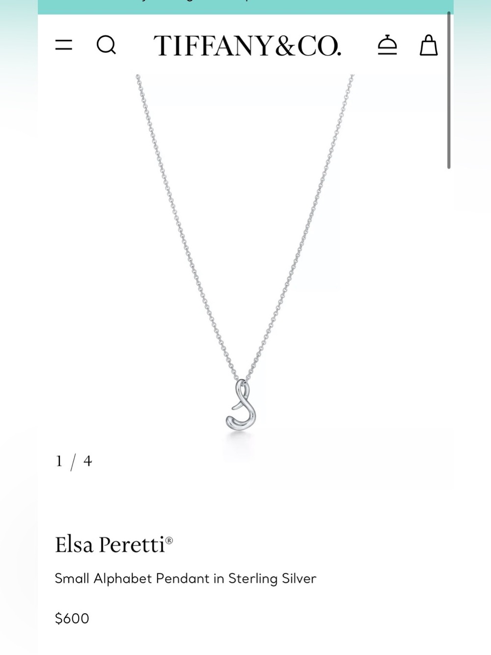 Tiffany & Co. Elsa Peretti Small Alphabet S Silver Pendant -  Like New